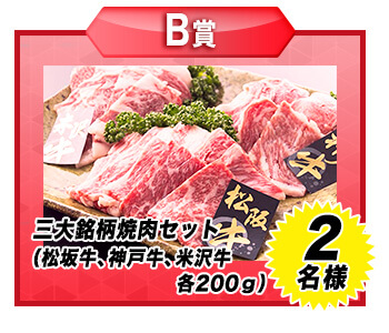 【B賞】三大銘柄焼肉セット（松坂牛、神戸牛、米沢牛 各200ｇ） ･･･････ 2名様